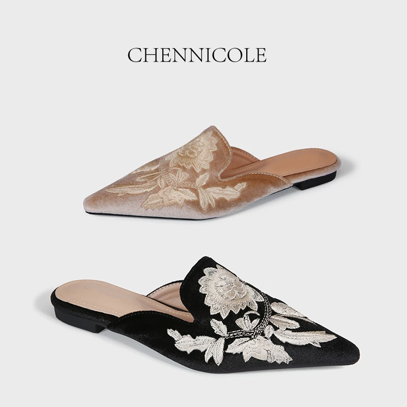 【陳妮可nicole】新中式  穆勒尖头 1CM国风刺绣单鞋平底穆勒鞋秋季