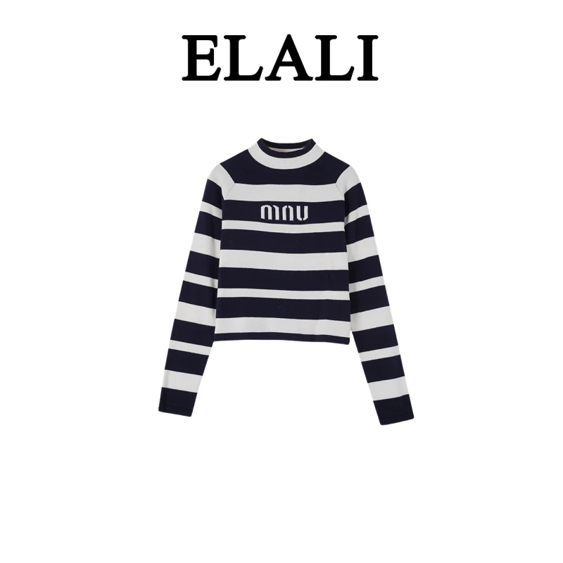 ELALI 时尚百搭毛衣 3098蓝白条纹