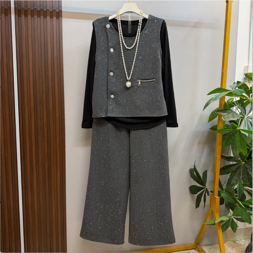 新款大码女装时尚洋气美背法式蝴蝶结设计轻奢马甲三件套