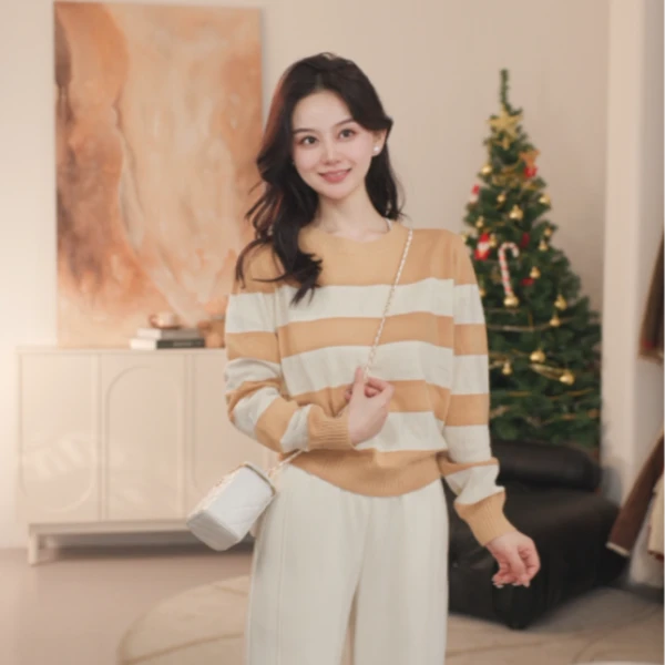 【欧若风新品】茵曼冬季百搭保暖条纹套头毛衣百搭休闲舒适打底衫女