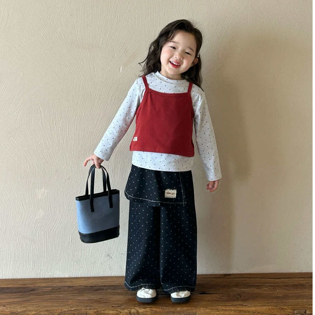 z-cz501韩版女童长袖T恤打底衣针织休闲吊带牛仔裤点点套装三件套