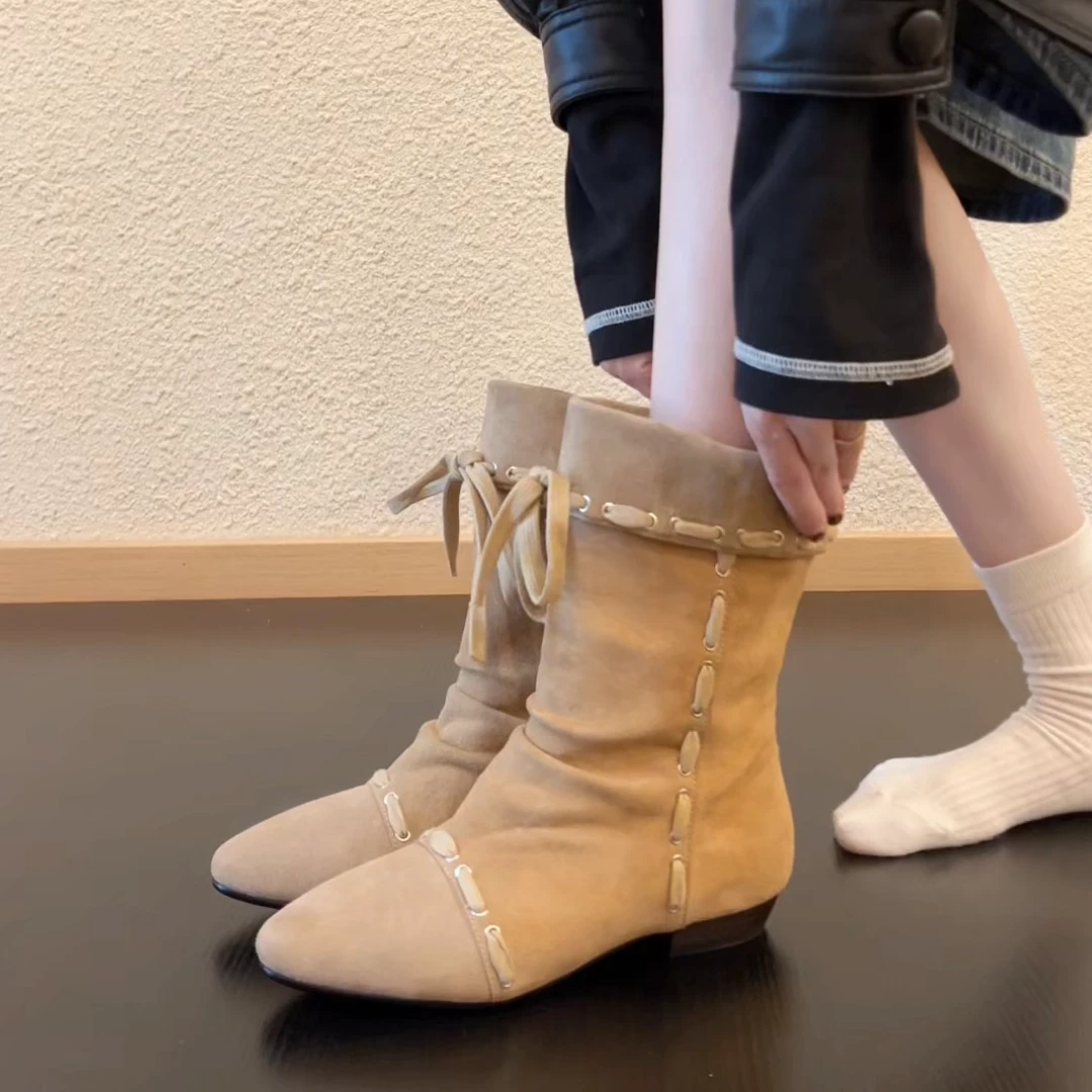 Pokoy-2cm复古中筒靴女尖头设计机车靴高级时装靴