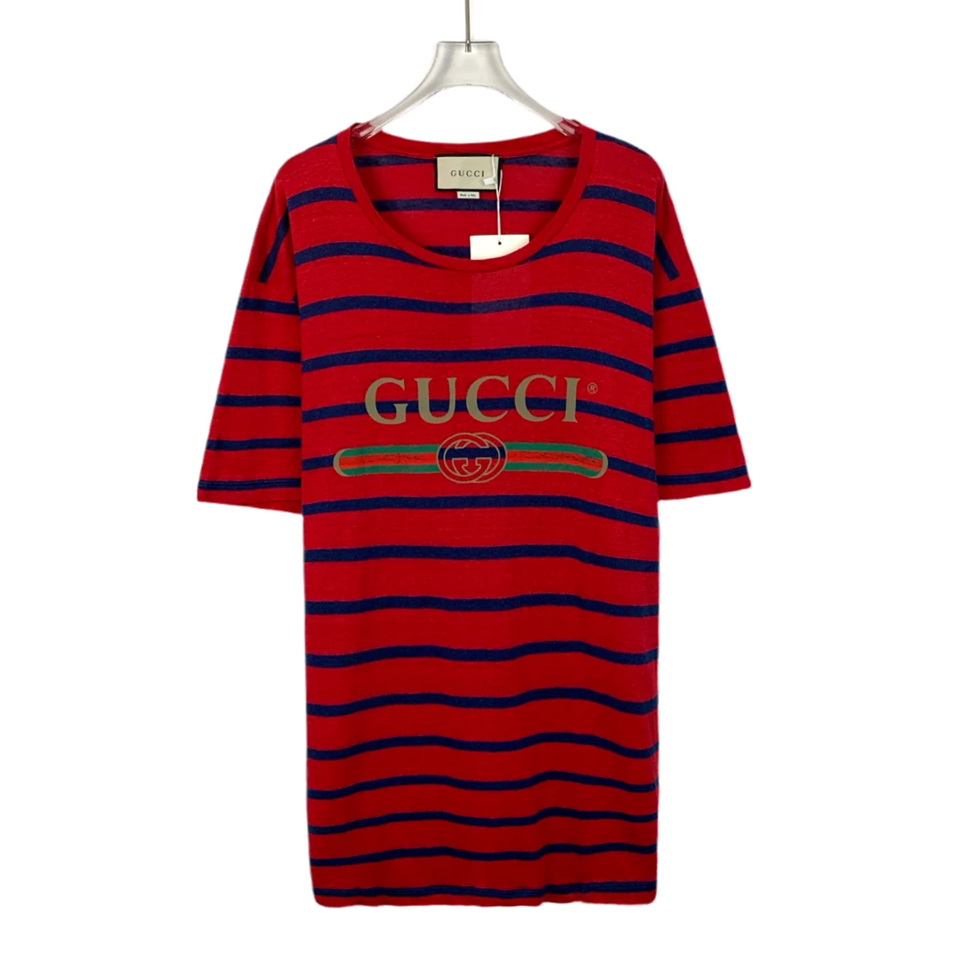 95新 GUCCI/古驰 H13360 红色logo条纹印花圆领亚麻短袖T恤 S码