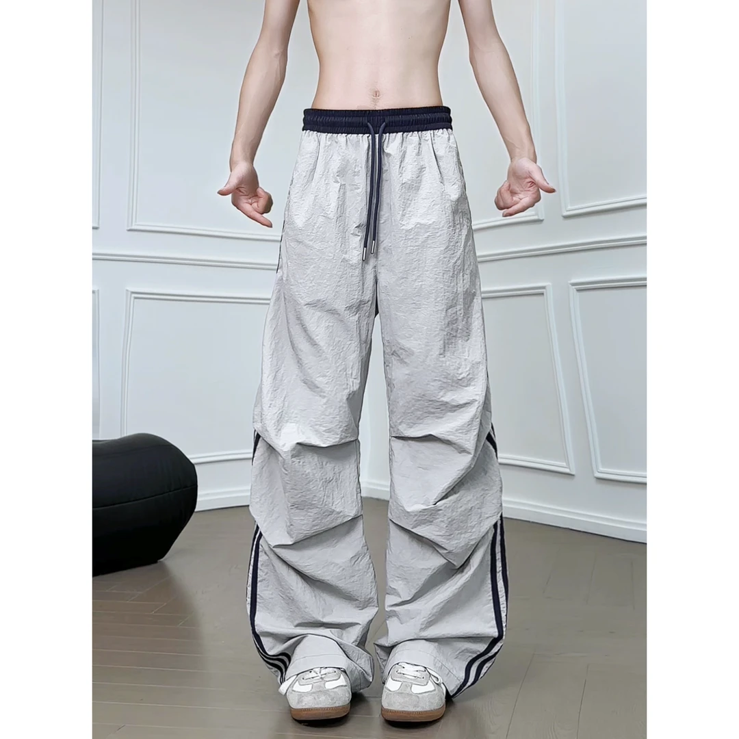 美式高街夏季薄款阔腿裤百搭日常条纹男款直筒宽松慵懒风休闲裤子