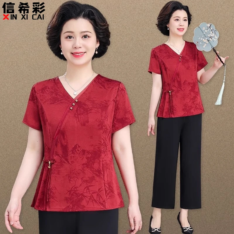 母亲节衣服妈妈装夏装套装新中式中国风小衫两件套装中老年人女装