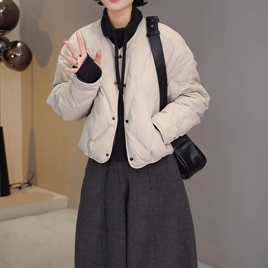 2025秋冬新款轻薄款宽松圆领棉服女长袖上衣休闲简约保暖百搭外套