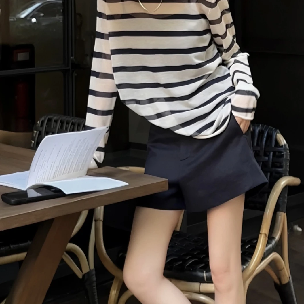 复古简约短裤女夏季高腰小个子薄款百搭阔腿休闲a字热裤五分裤子