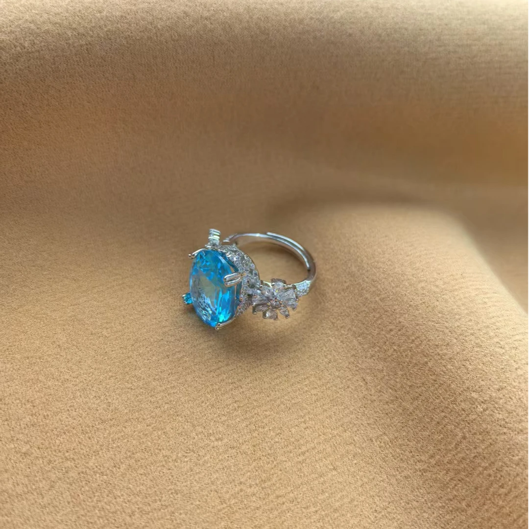 合金戒指 【收获】海蓝大克拉戒指 鸽子蛋指环 开口戒不挑指围