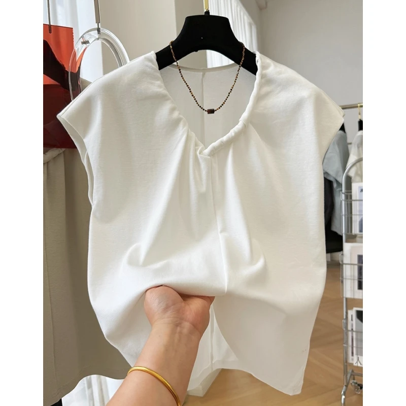 设计感小众独特别致重工V领小飞袖T恤女夏季短袖半袖超好看上衣