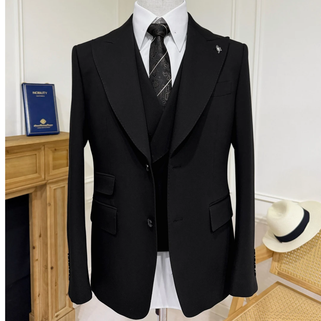 男士西装结婚订婚单件纯黑色休闲大枪驳复古西服新郎套装婚礼0705