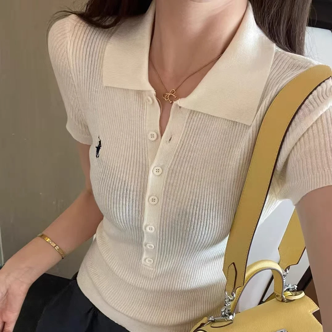 2025夏季新款刺绣polo领短袖T恤简约时尚修身显瘦设计感翻领上衣