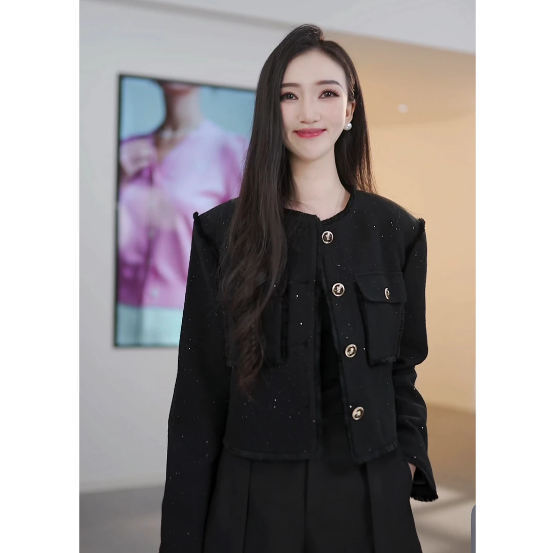 气质小香风绵羊毛外套女秋季时尚纯色经典长袖上衣M421306412