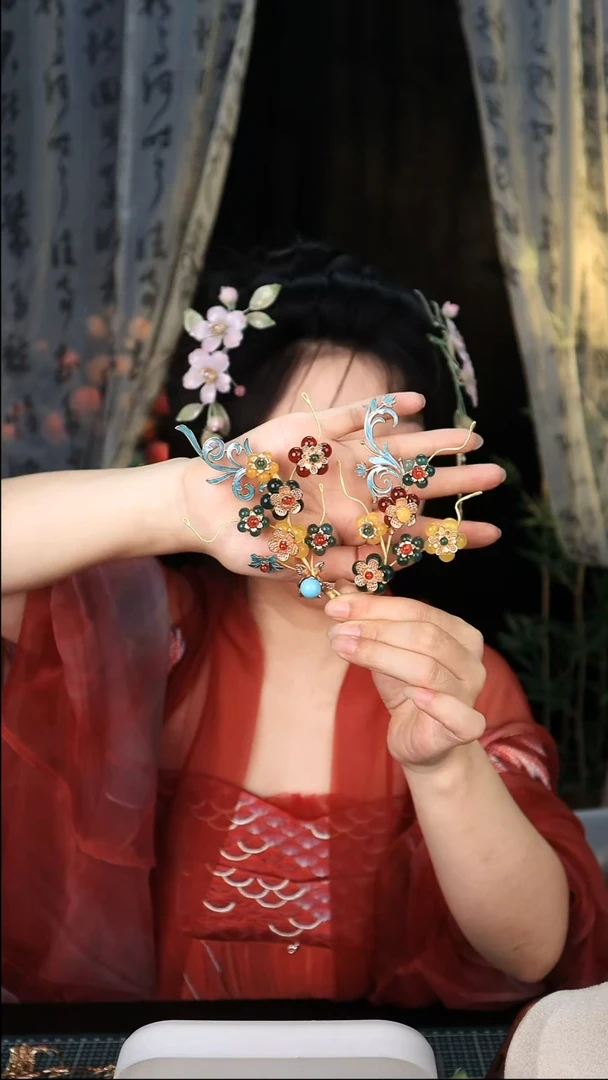 铜烧蓝复原石头软簪一组