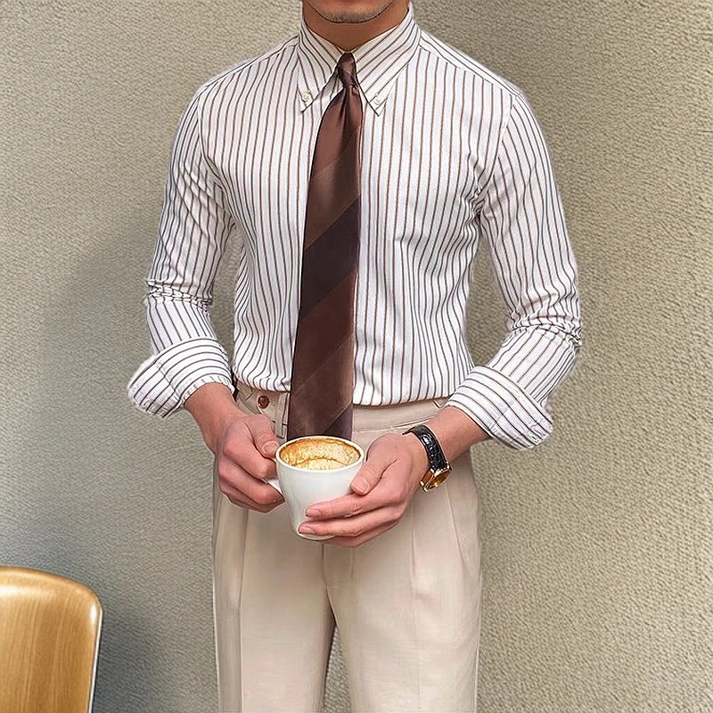 cf修峰意式咖色条纹休闲长袖衬衫男士英伦时尚复古修身衬衣潮男