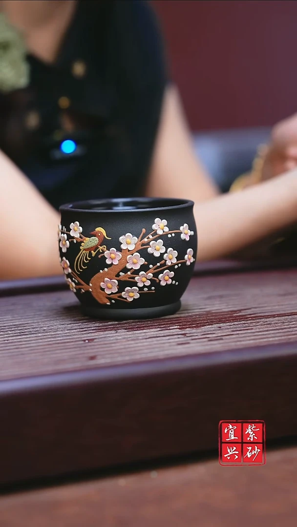 紫砂其他石磺喜上眉梢堆绘杯