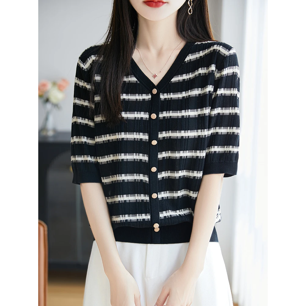 【阿萨专属】短袖上衣V领条莱赛尔天丝薄款t恤半袖开衫QHNSY-369