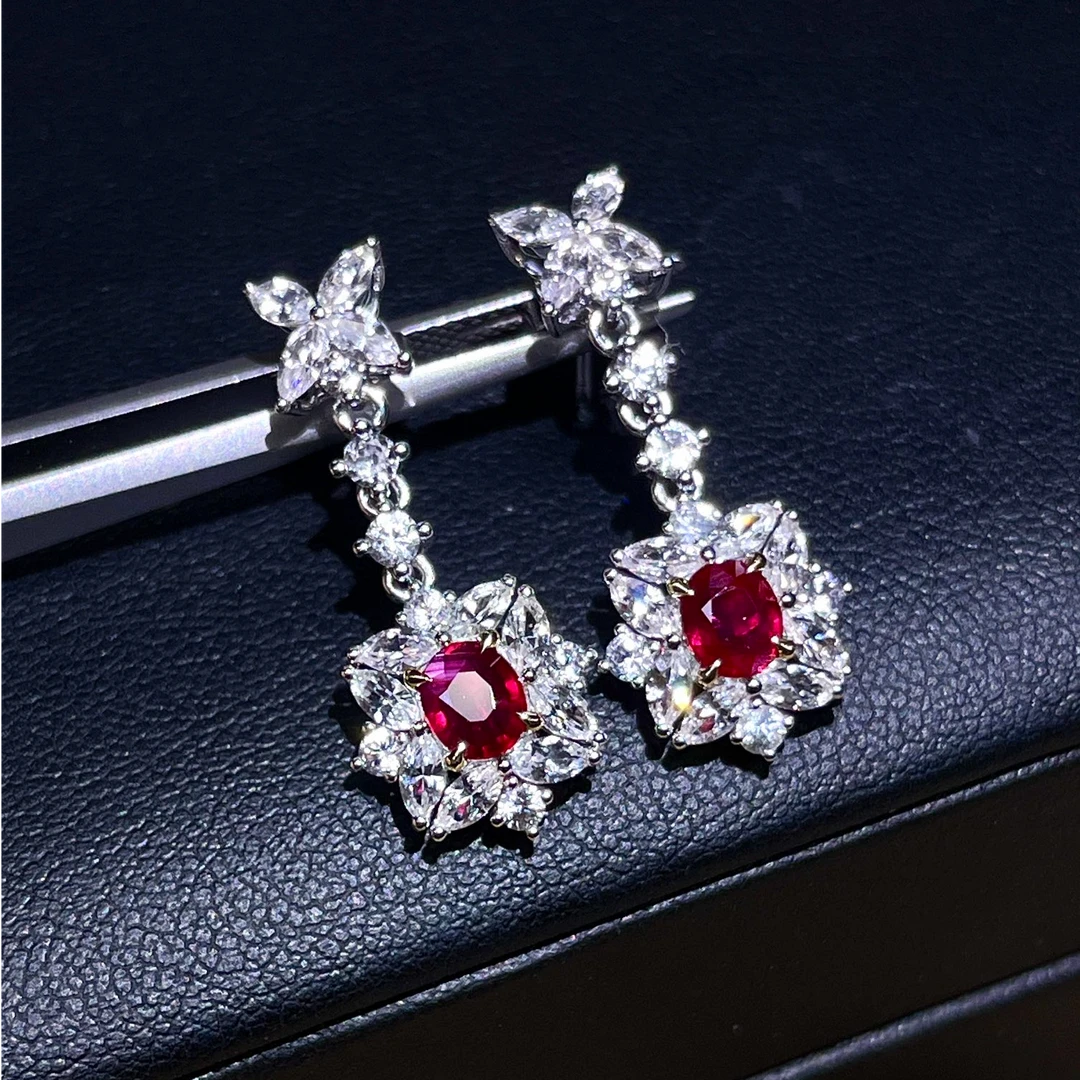 18K金镶嵌无烧鸽血红红宝石耳钉气质时尚复古红色奢华精致