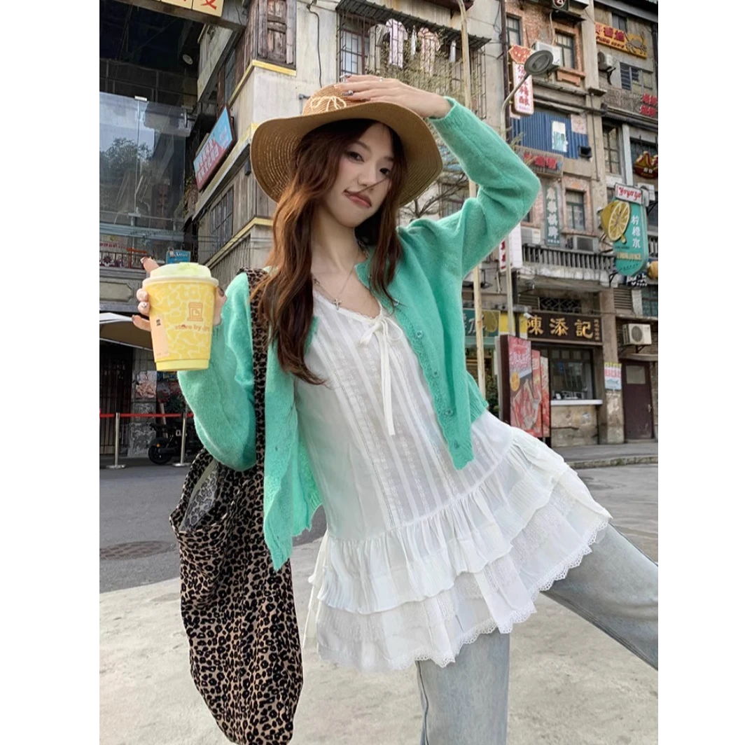 韩系多巴胺宽松长袖针织衫花边吊带背心女2025春季新款时尚两件套