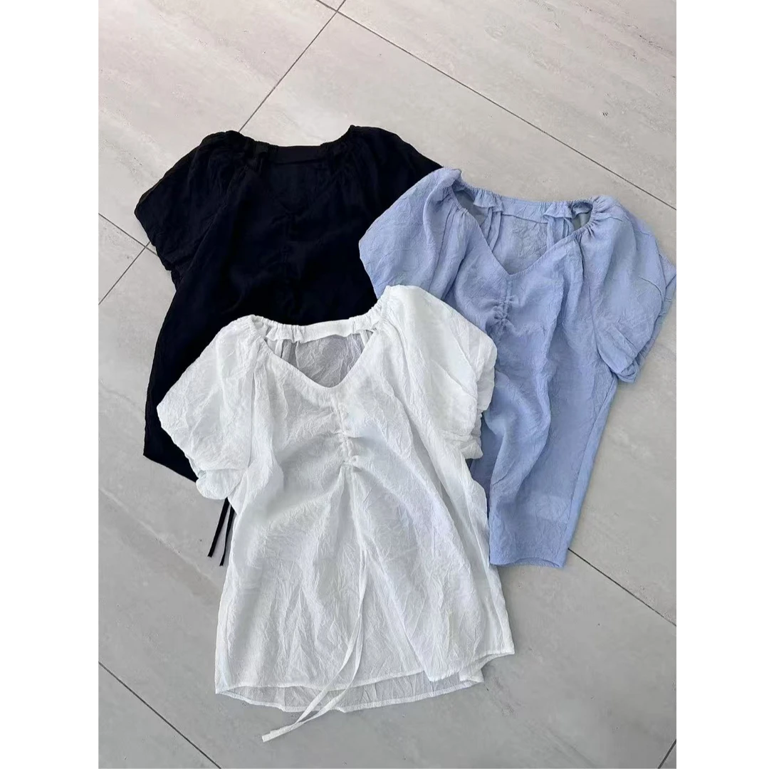 十三行Orange-夏季福秒V领褶皱抽绳开衩显瘦小上衣 #1561