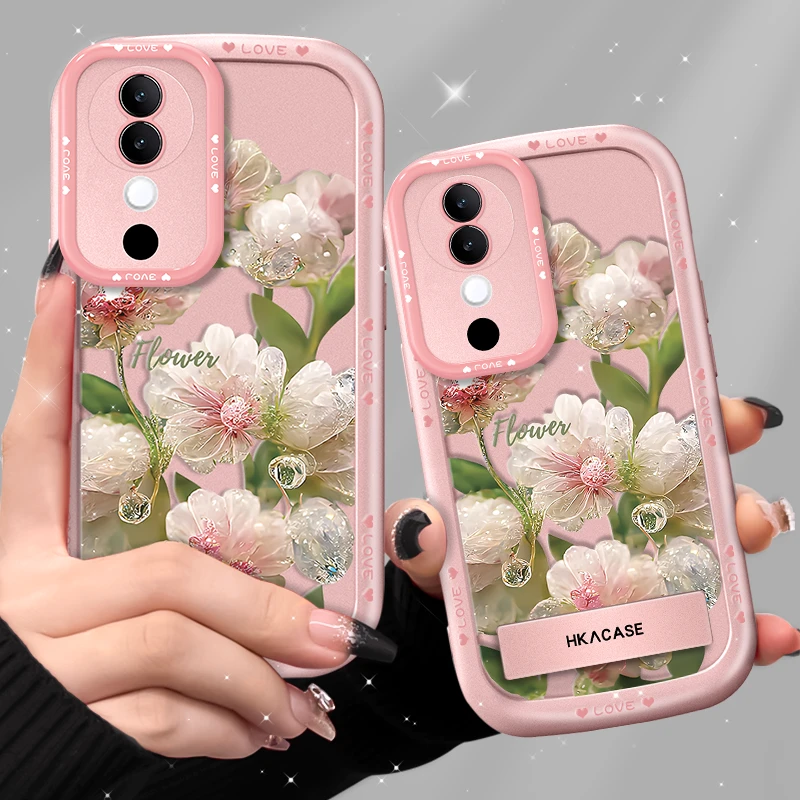 适用vivos19手机壳镂空水晶花支架金漆泡芙壳粉色软壳防摔全包