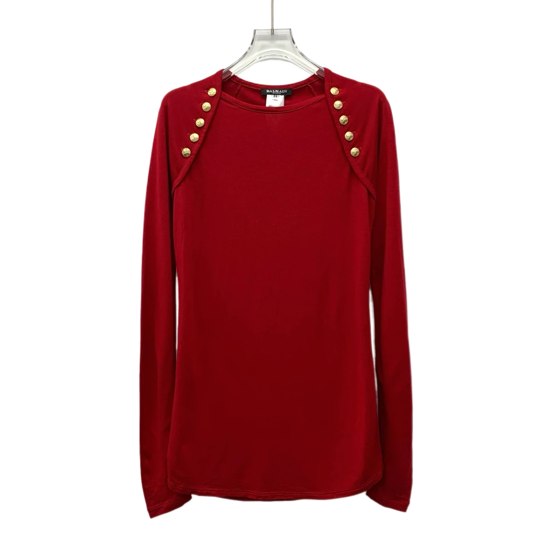 99新 BALMAIN/巴尔曼 FW0020 红色限额纽扣套头针织衫 34 XXS码