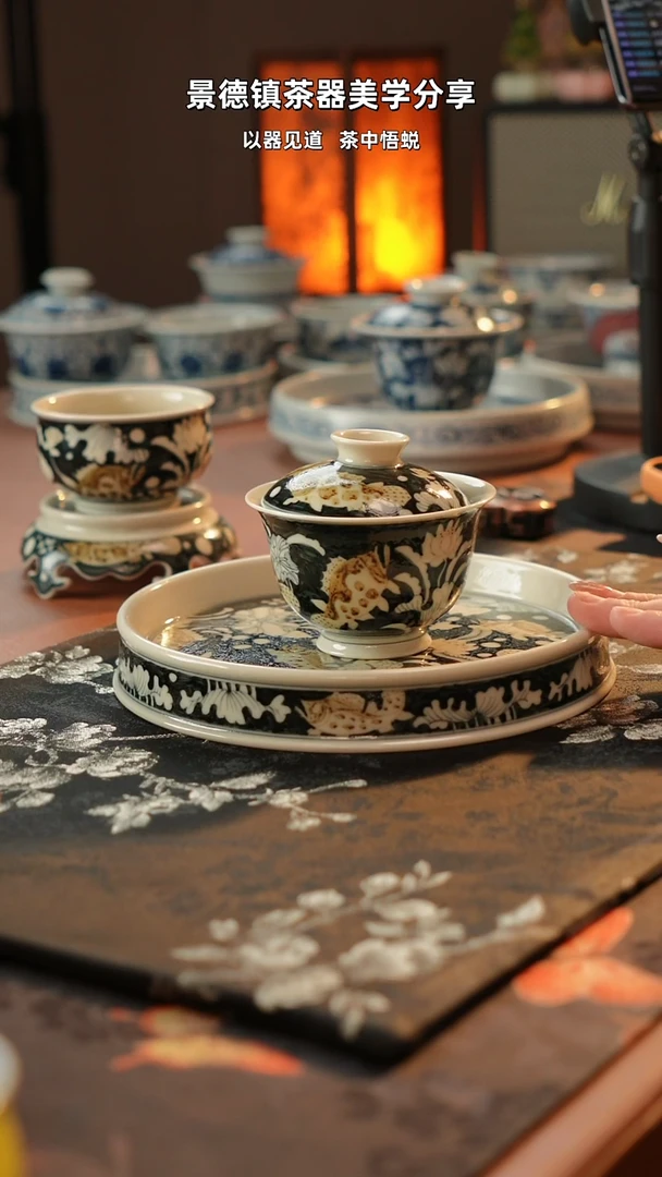 稀**涂黑金九鳜盖碗