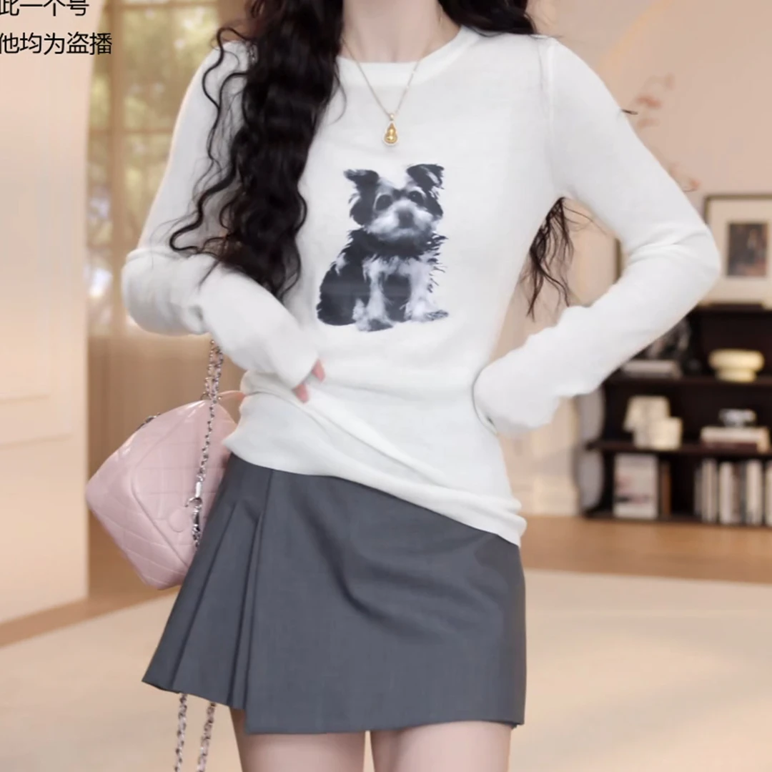 2025春季新款显瘦圆领百搭小狗长袖上衣T恤LK2501431