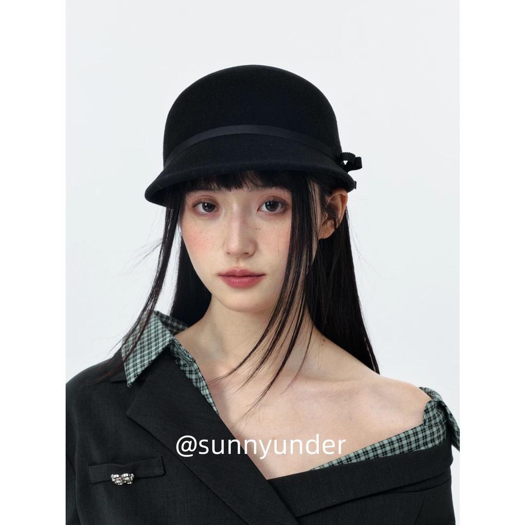 小蝴蝶结黑色毛呢马术帽子女春秋冬韩版日系百搭显脸小报童帽ins