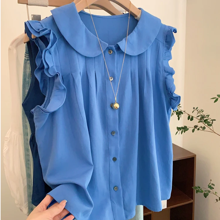 夏季2025新款克莱因蓝木耳边设计感无袖衬衫薄款法式独特绝美上衣