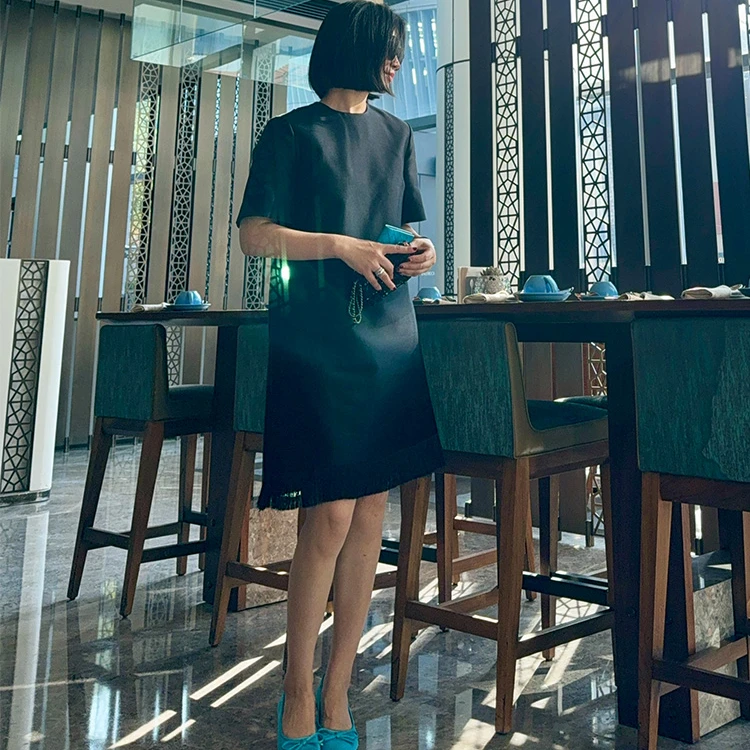 ZZ·DANGDANG【无声舒雅】春夏丝毛中长短袖黑色流苏连衣裙13422094