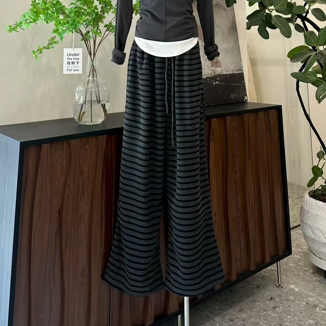 【遛弯神器】慵懒感条纹高腰抽绳显瘦休闲裤-3100