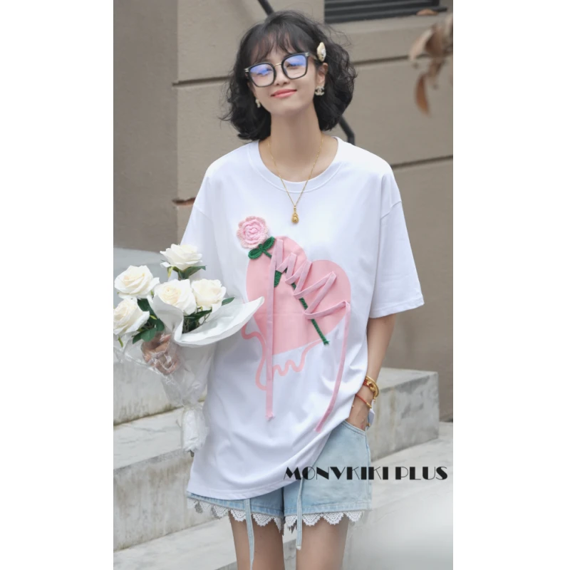 MoNvKiKiPlus9【爱】大码微胖夏季宽松圆领设计感ins半袖T恤#C13