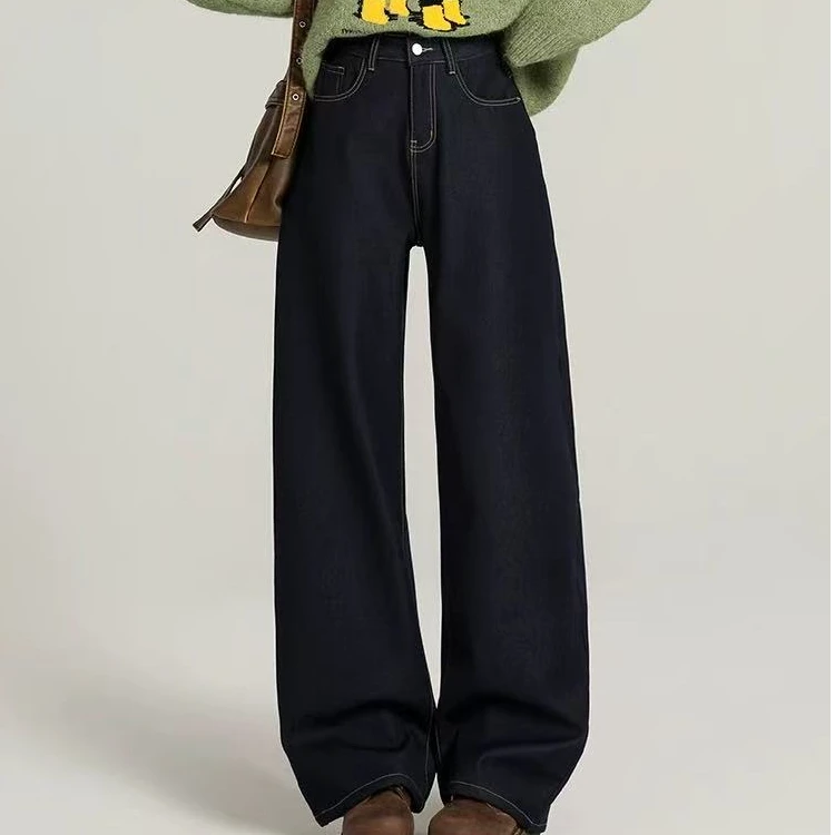 【兔哥女装】0819*冬季加绒加厚高腰显瘦复古丹宁蓝直筒牛仔裤