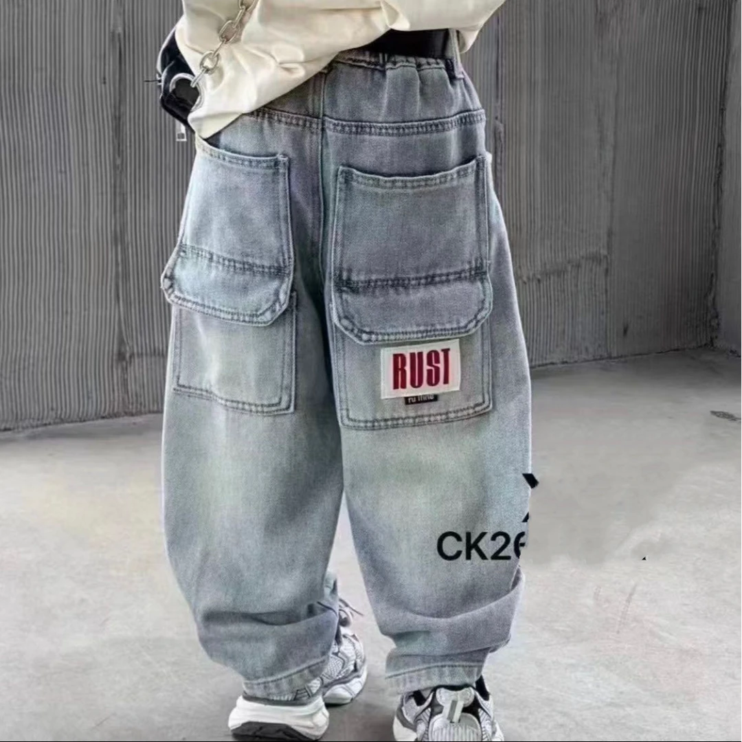 2648春款流行时尚百搭男女童大口袋牛仔裤