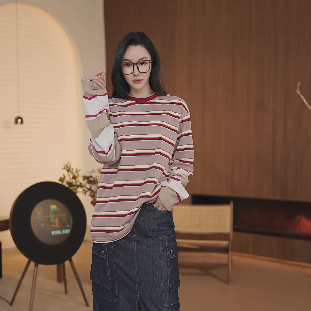 【熙雅】轻职风宽松T恤潮流针织百搭春季撞色打底5XY99108-T7376