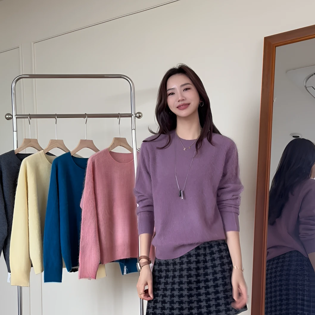 【余欢欢】秋季慵懒风百搭纯色羊毛羊绒拉毛针织毛衣-YHW50715