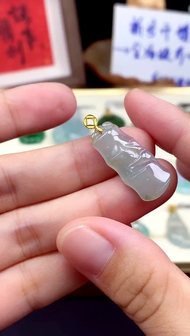 吊坠(不含链)18K金镶嵌翡翠竹节@@CMT