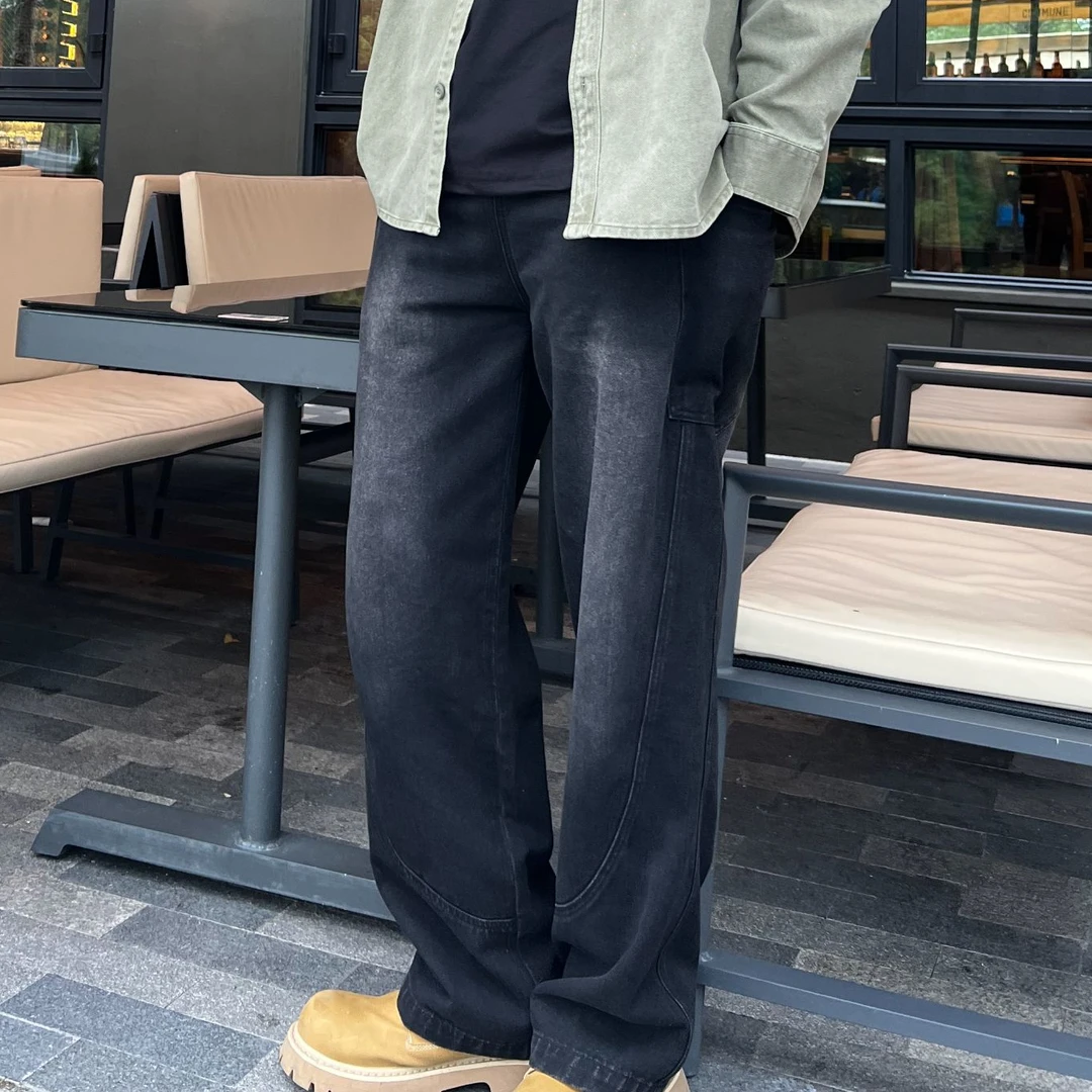 美式复古阔版弯刀洗水黑色牛仔裤男女同款男士大码百搭夏季舒适