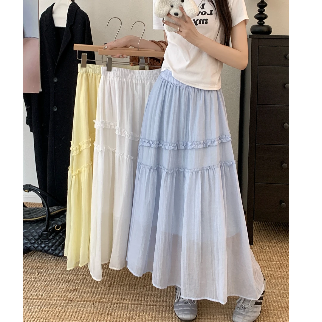 木耳花边蓝色半身裙女2025夏季高腰显瘦遮肉a字裙垂感大摆裙长裙