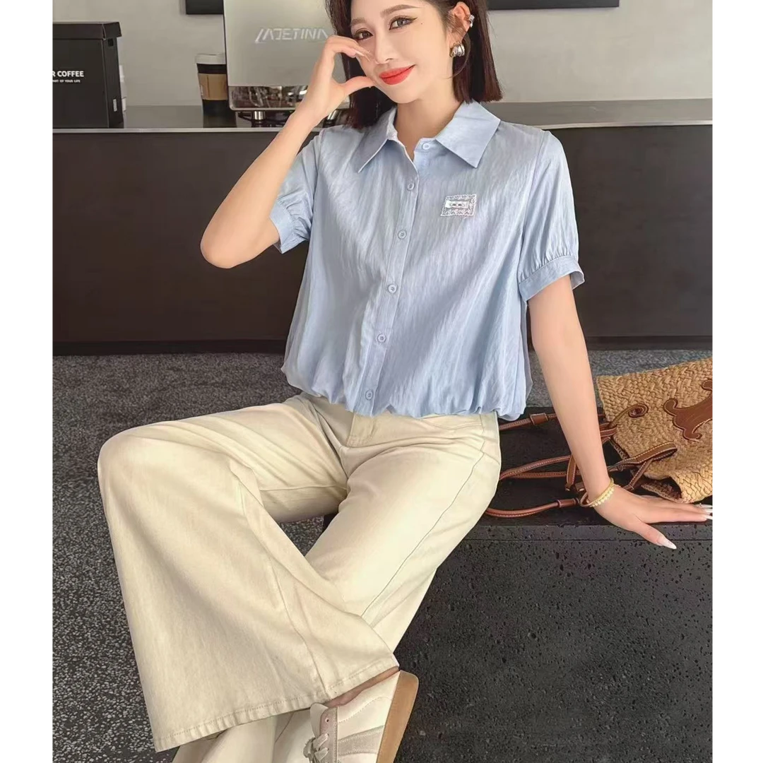 3352#气质单排多扣衬衣夏季短袖衬衫显瘦百搭设计感女装短款