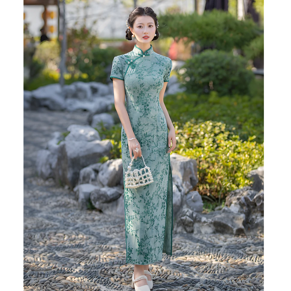 若梦 复古夏季中国风日常中长款一字扣高腰裙旗袍斜襟绿色有弹力