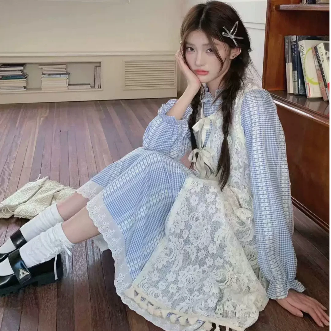 1163 大码胖mm2025春夏超好看格子长袖连衣裙+白色罩衫两件套