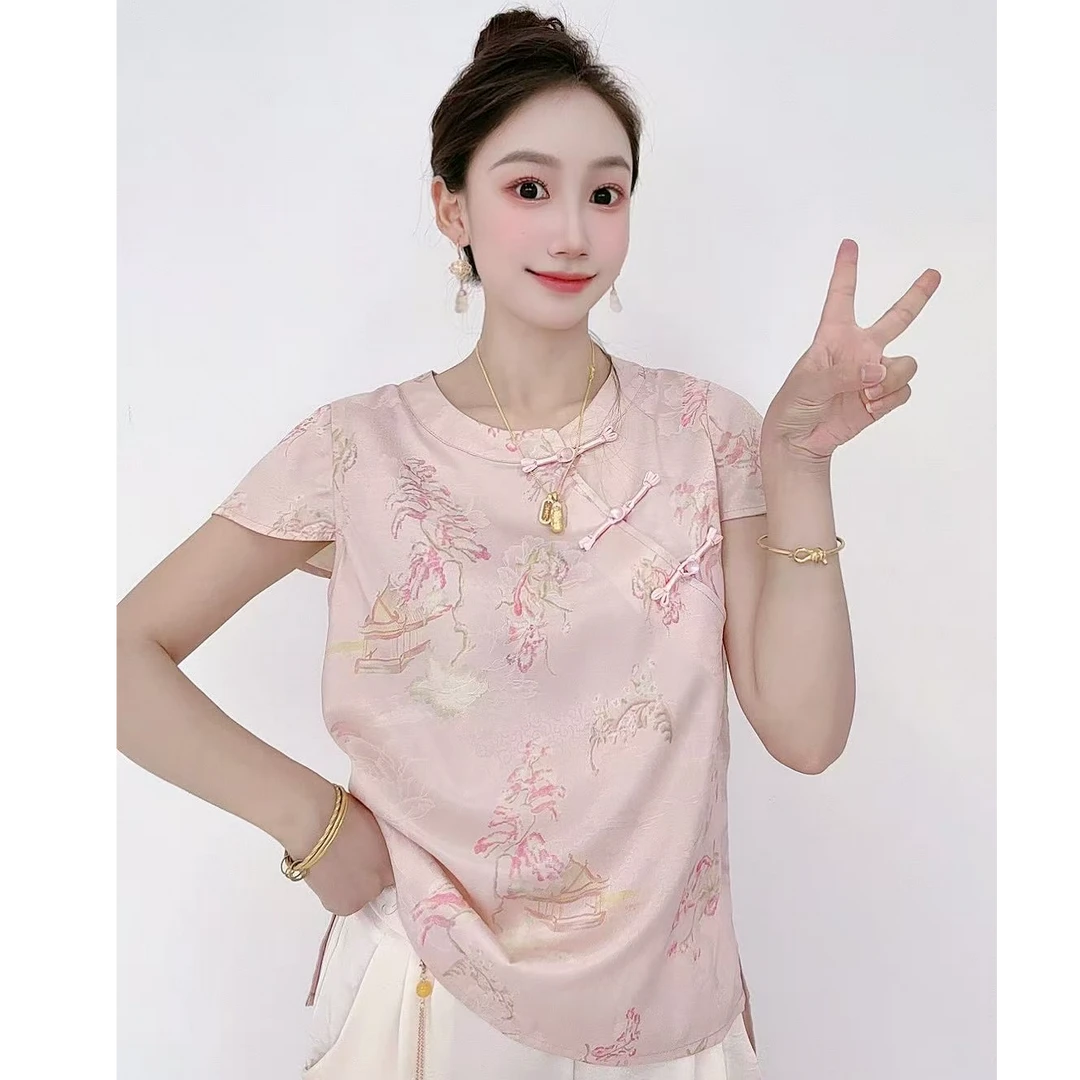 【粉盐】2025新中式短袖薄款圆领小衫提花上衣印染气质小衫