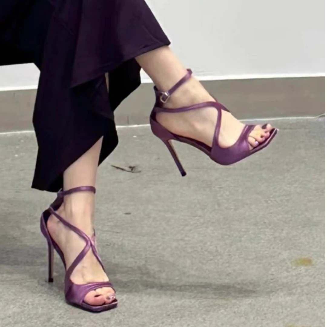 紫色缎面时尚高跟鞋女2025夏季新款欧美性感细跟镂空露趾时装凉鞋