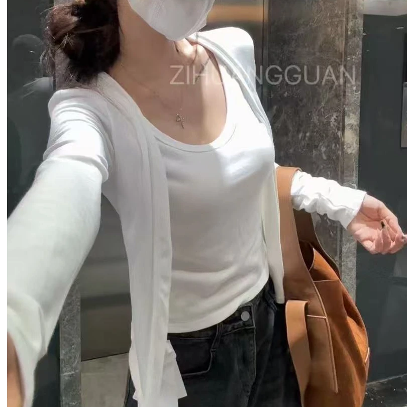 紫皇冠假两件开衫纯色透气莫斯羊戎长袖秋款宽松版上衣9345