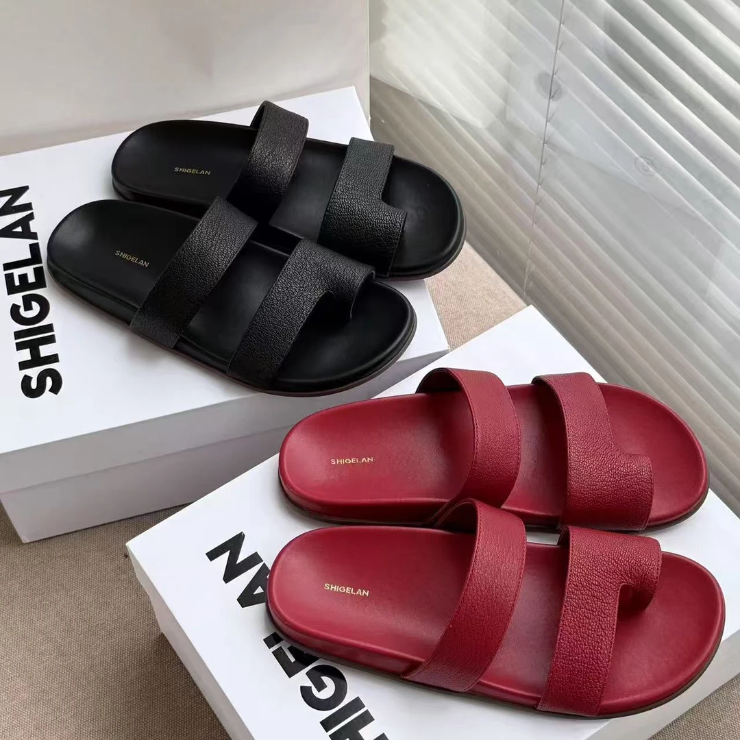 诗歌兰女鞋2025夏季新品平底真皮夹脚休闲时尚度假风凉拖鞋半拖鞋