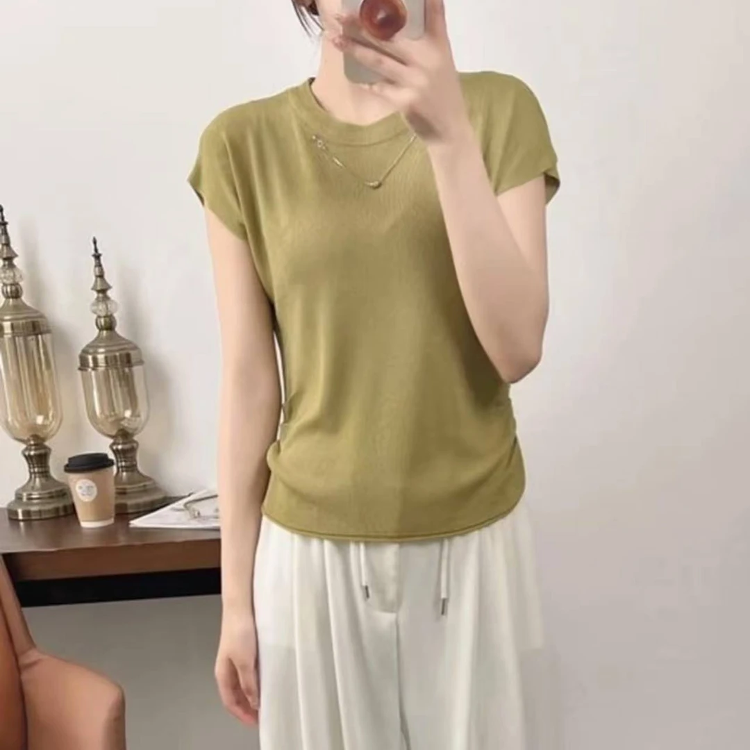 冰丝针织衫凉感t恤女新款薄款透气无袖显瘦遮肉圆领上衣夏季纯色