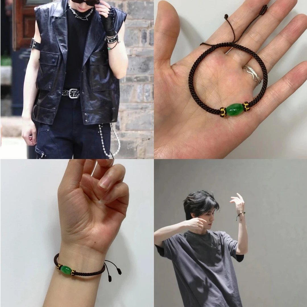 手链 张真源同款路路通手链手工冰透绿飘花筒珠手绳学生黑色手链