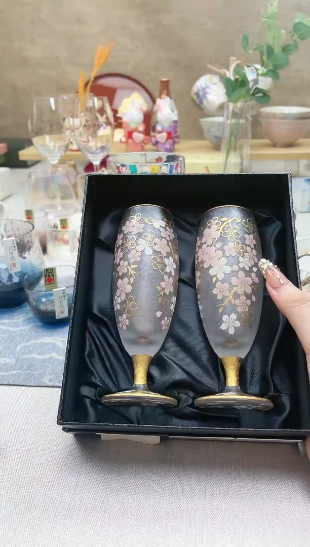 【闪购商品】摆件/盘子/杯子樱花复古镶金高脚对杯