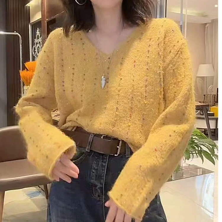 韩系温柔风甜美V领亮片彩点针织衫女秋冬新款宽松显瘦毛衣打底衫